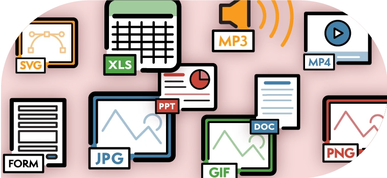 Collection of icons for various file types including SVG, JPG, GIF, PNG, Microsoft Word, Excel, MP3, MP4, and forms.