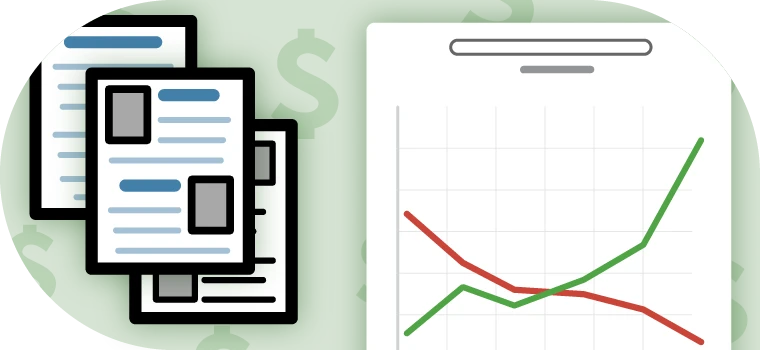 Illustrations of PDFs next to a graph showing decreasing costs