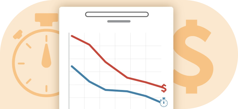 Stopwatch and dollar icon with graph showing a decrease in time and cost