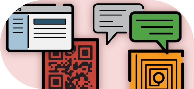 Illustrations of a HTML page, QR code, text, and NFC tag